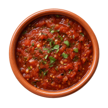 Illustrative serving of salsa roja in a terracotta bowl