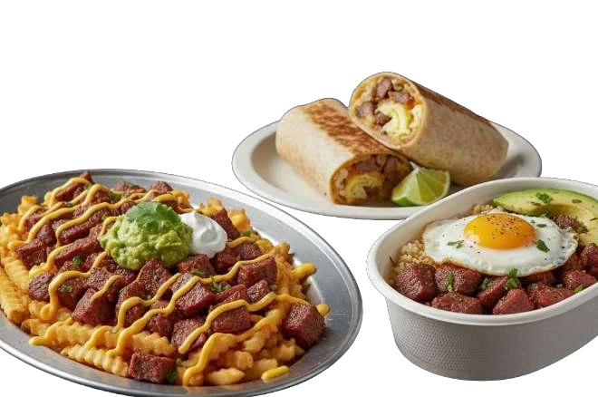 Carne Asada serving suggestions with loaded fries, a burrito and a beef bowl.