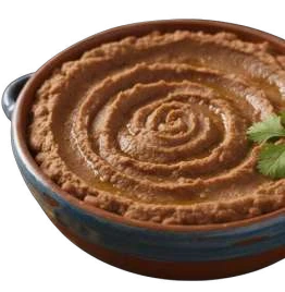 Frijoles served in a blue ceramic bowl.