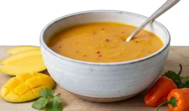 Mango Habanero Salsa in a bowl with mango and habanero chilli.