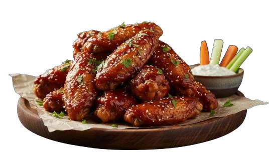 Marinated chicken wings on a wooden board with vegetables and a dip.