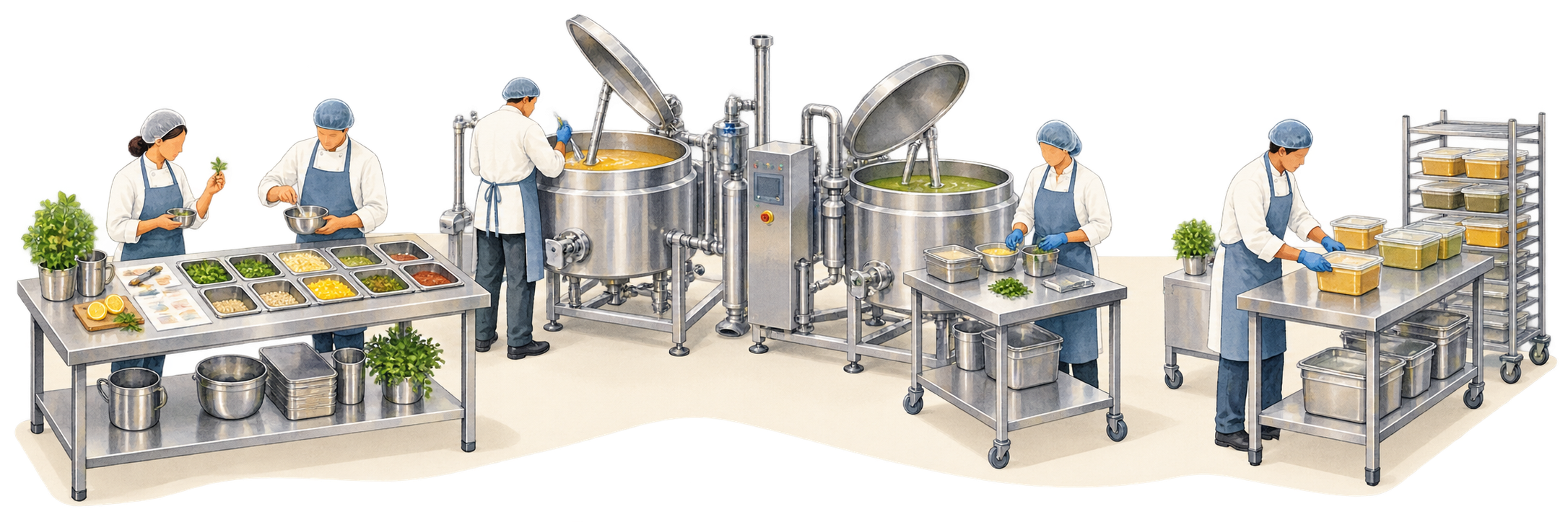 Illustration of a food team developing recipes, preparing batches and packing food for professional kitchens.